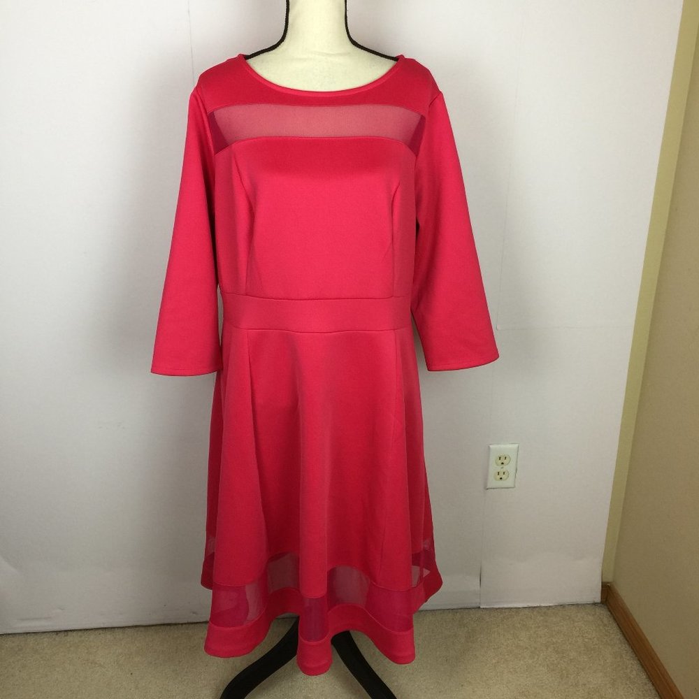 NEW! Lane Bryant Fit & Flare Dress 18 20 Womans Plus Pink Mesh Trim 3/4 Sleeve